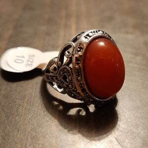 Vintage Costume Fashion Jewelry Silver-Tone Ring with Deep Orange Cabochon
